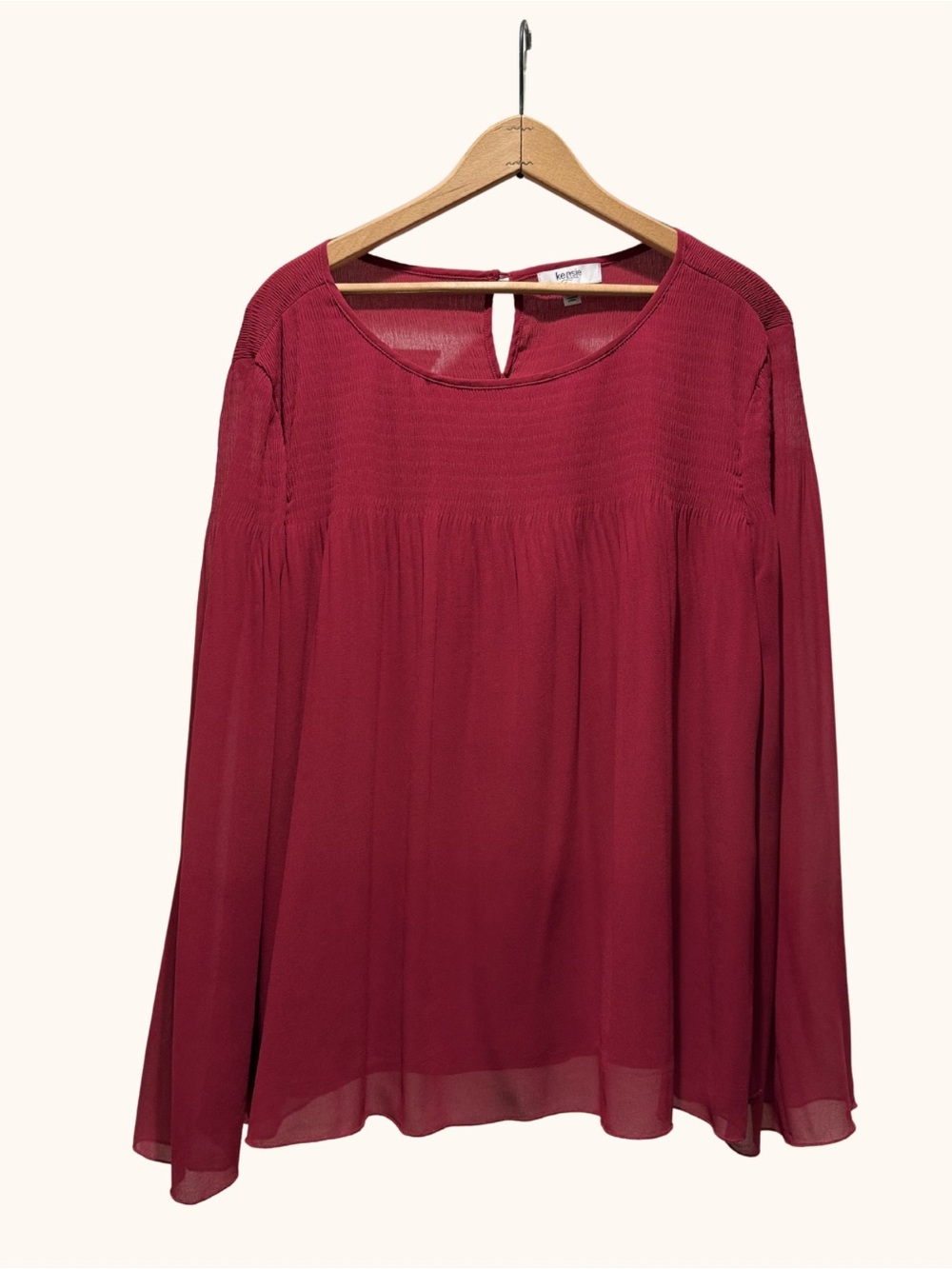 Kensie Sheer Red Boho Blouse XL Long Sleeve Smocked Yoke Keyhole Back